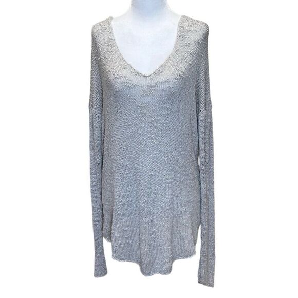 Helmut Lang, Silk Knit, Crochet V-Neck Sweater, Relaxed Fit Size L, Gray / Cream - Picture 1 of 13